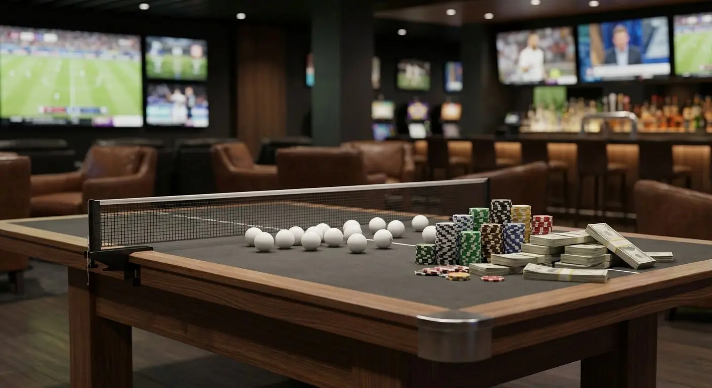 Mesa de tenis de mesa con fichas de apuestas y pelotas blancas, lista para apostar